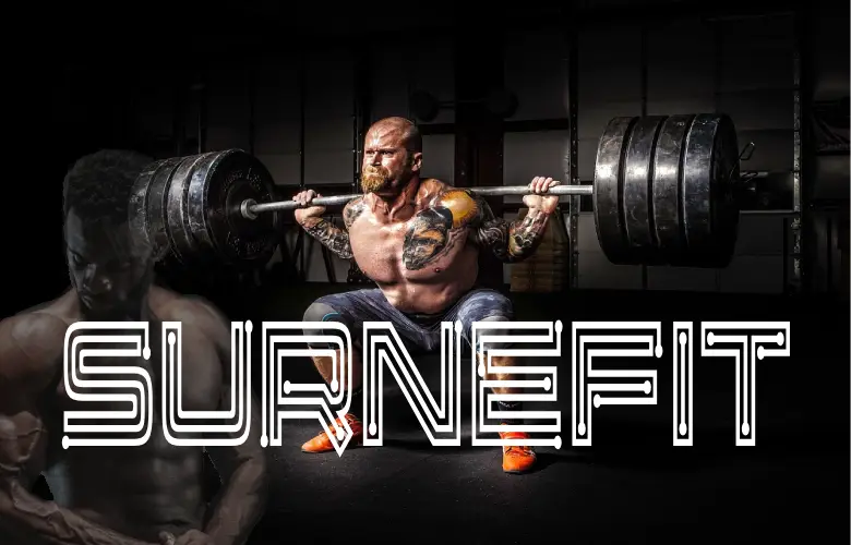 A muscular man performing a squat with heavy plates on a barbell in a gym setting, demonstrating strength and dedication to fitness